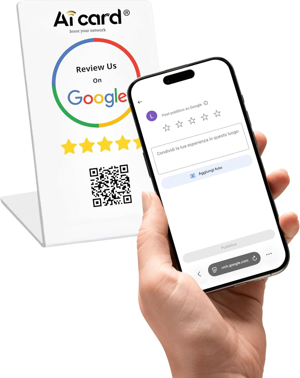 Recensioni Google Stand con NFC e QR Code Supporto da Banco Preconfigurato per Google Business Profile Basetta PVC Raccogliere Feedback Clienti Totem Recensioni Ristoranti Bar Negozi